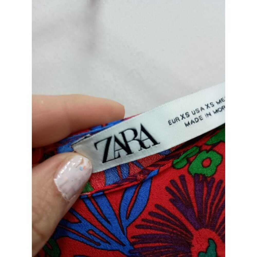 Zara Womens Blouse XS Red Blue Floral Drape Long Sleeve Crew Neck Pullover Top - Picture 4 of 10